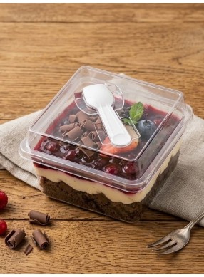 Transparent Big Square Dessert Cup with Spoon