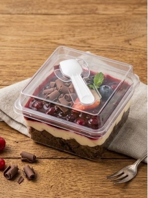 Transparent Big Square Dessert Cup with Spoon