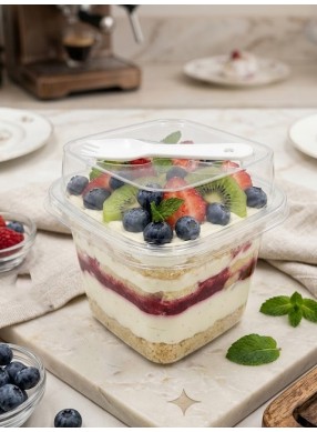 Transparent Tall Square Dessert Cup with Spoon