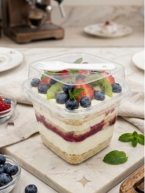 Transparent Tall Square Dessert Cup with Spoon
